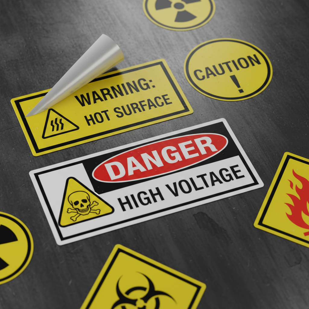 High-visibility caution and warning labels with hazard symbols including warning adhesive label, printed caution label and danger label